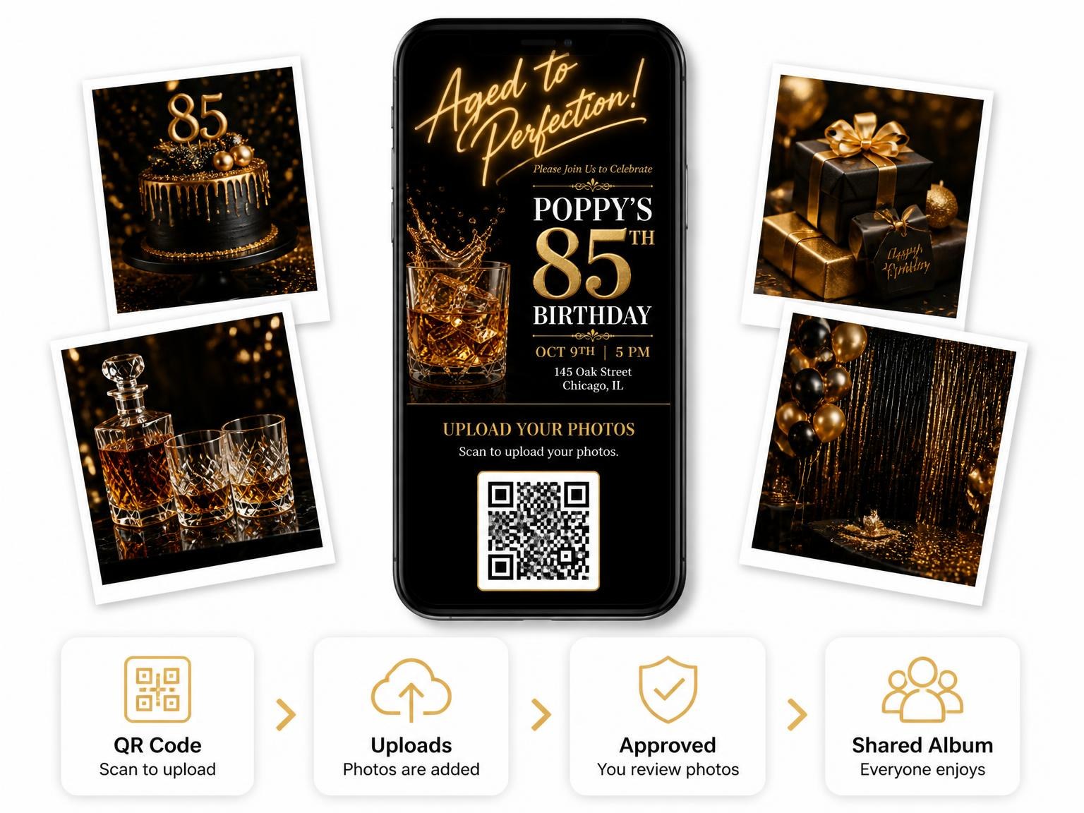 The shared photo gallery that comes with the Whiskey Tumbler 85th Birthday Invitation invitation