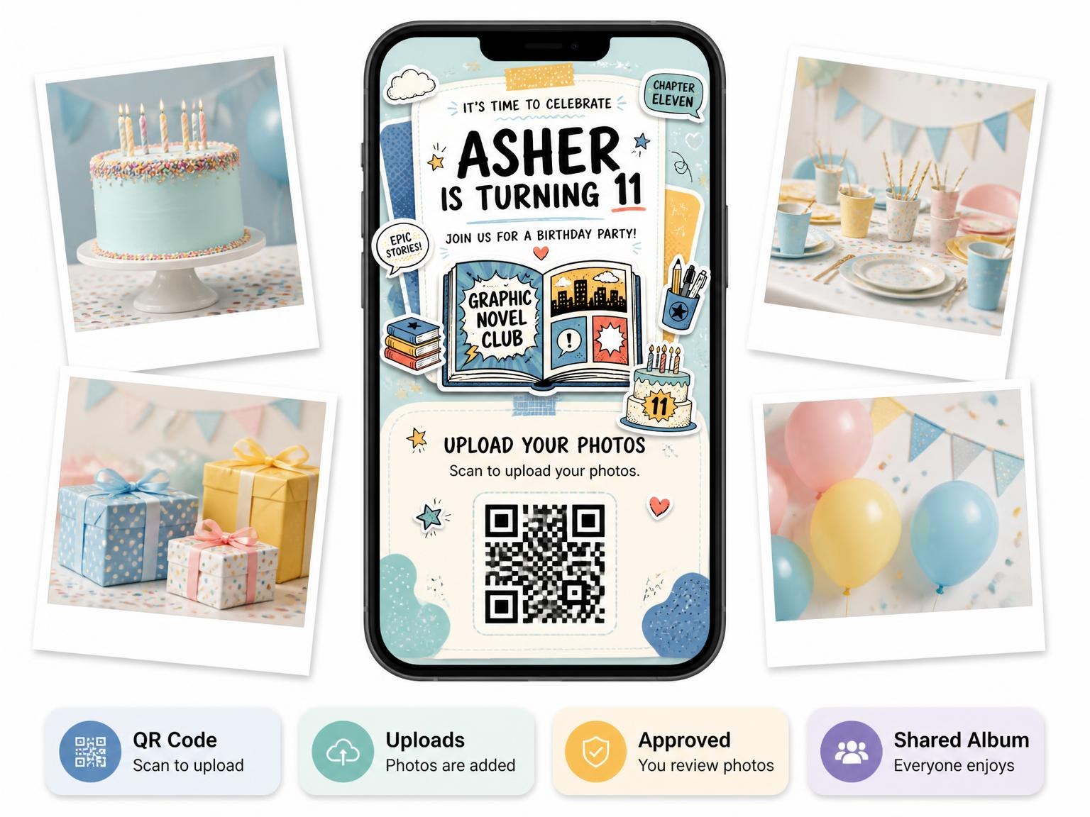 The shared photo gallery that comes with the Comic Book Pastel 11th Birthday Invitation invitation