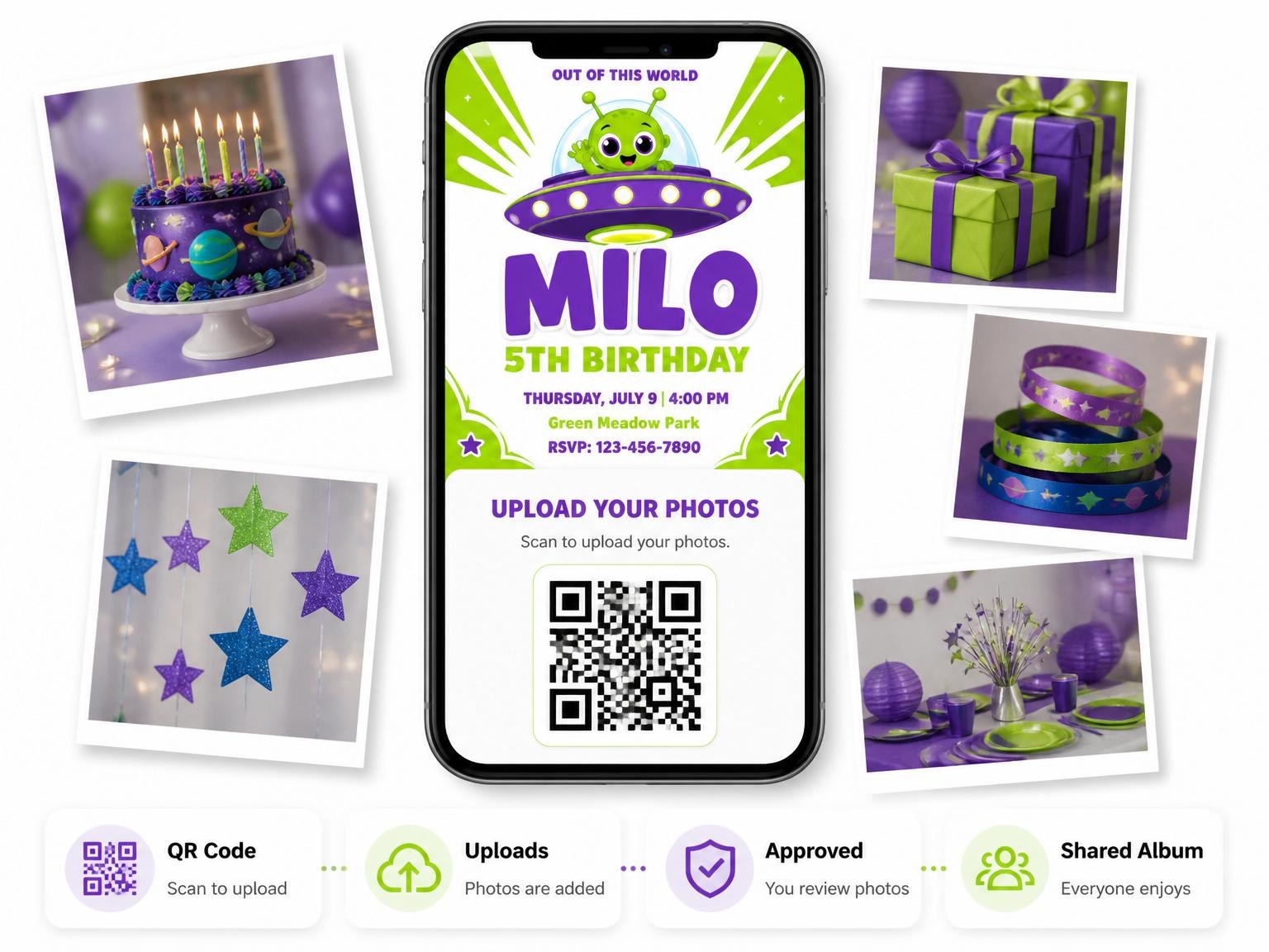 The shared photo gallery that comes with the Neon Alien Flying Saucer 5th Birthday invitation