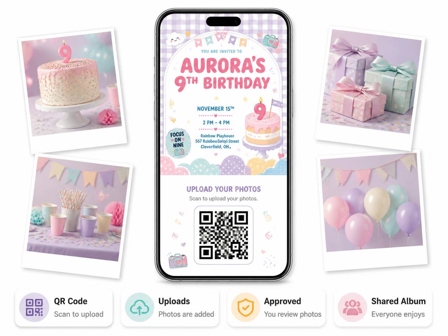 The shared photo gallery that comes with the Kawaii Instant Camera 9th Birthday Invitation invitation