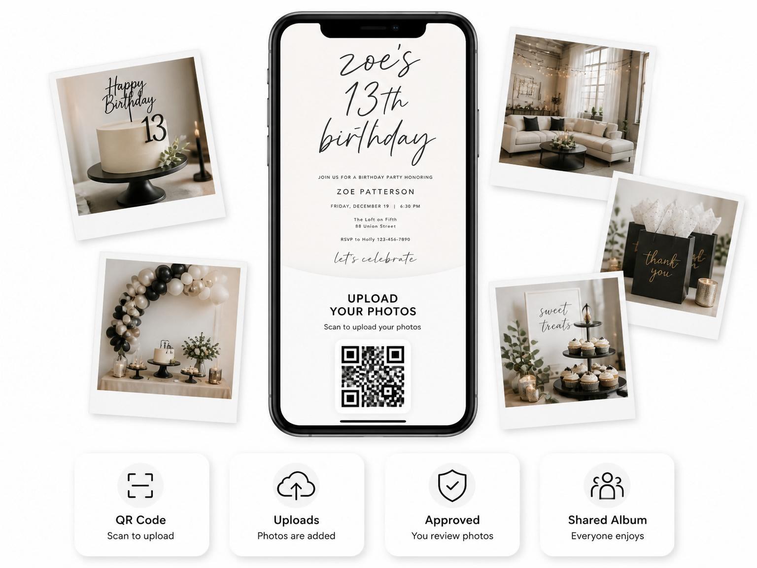 The shared photo gallery that comes with the Off-White Minimalist Script 13th Birthday invitation
