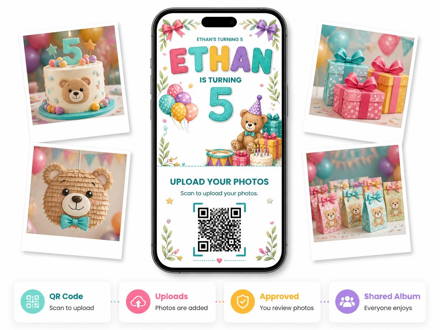 The shared photo gallery that comes with the Stitched Teddy Bear 5th Birthday Invitation invitation
