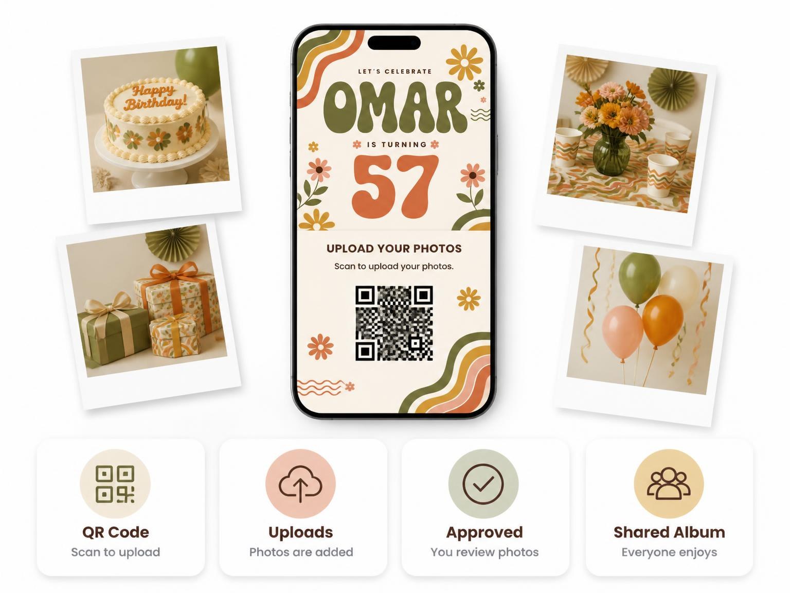 The shared photo gallery that comes with the Groovy Retro 57th Birthday Invitation invitation