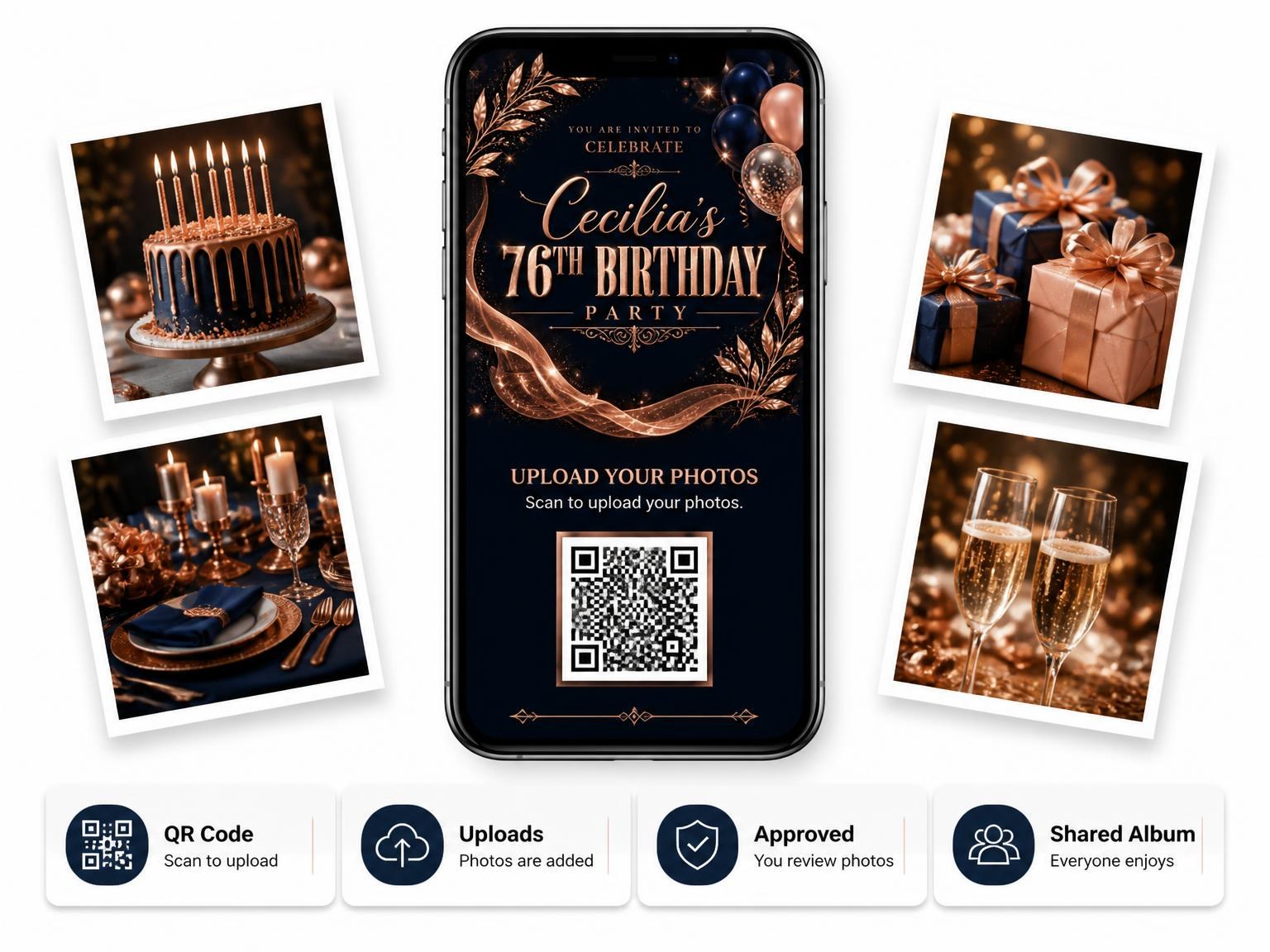 The shared photo gallery that comes with the Navy and Rose Gold 76th Birthday Invitation invitation