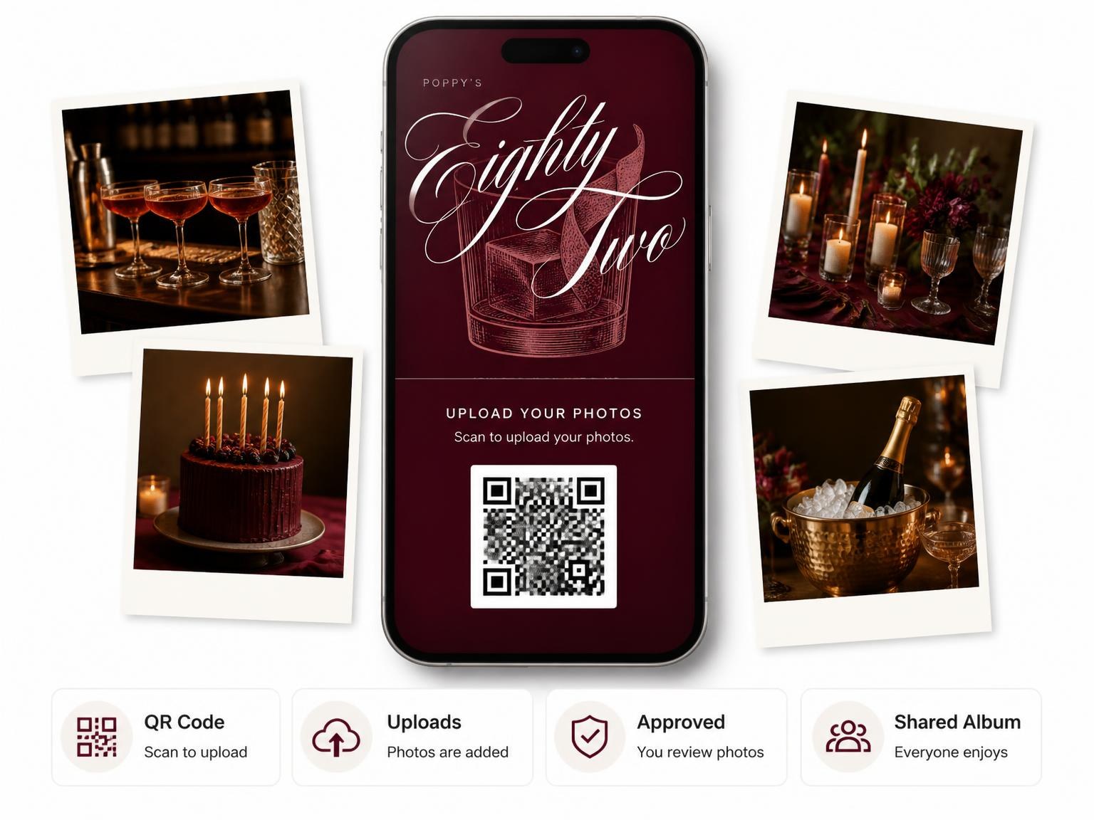 The shared photo gallery that comes with the Burgundy Cocktail 82nd Birthday Invitation invitation