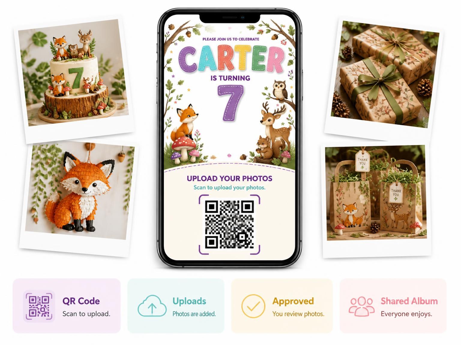 The shared photo gallery that comes with the Stitched Woodland 7th Birthday Invitation invitation