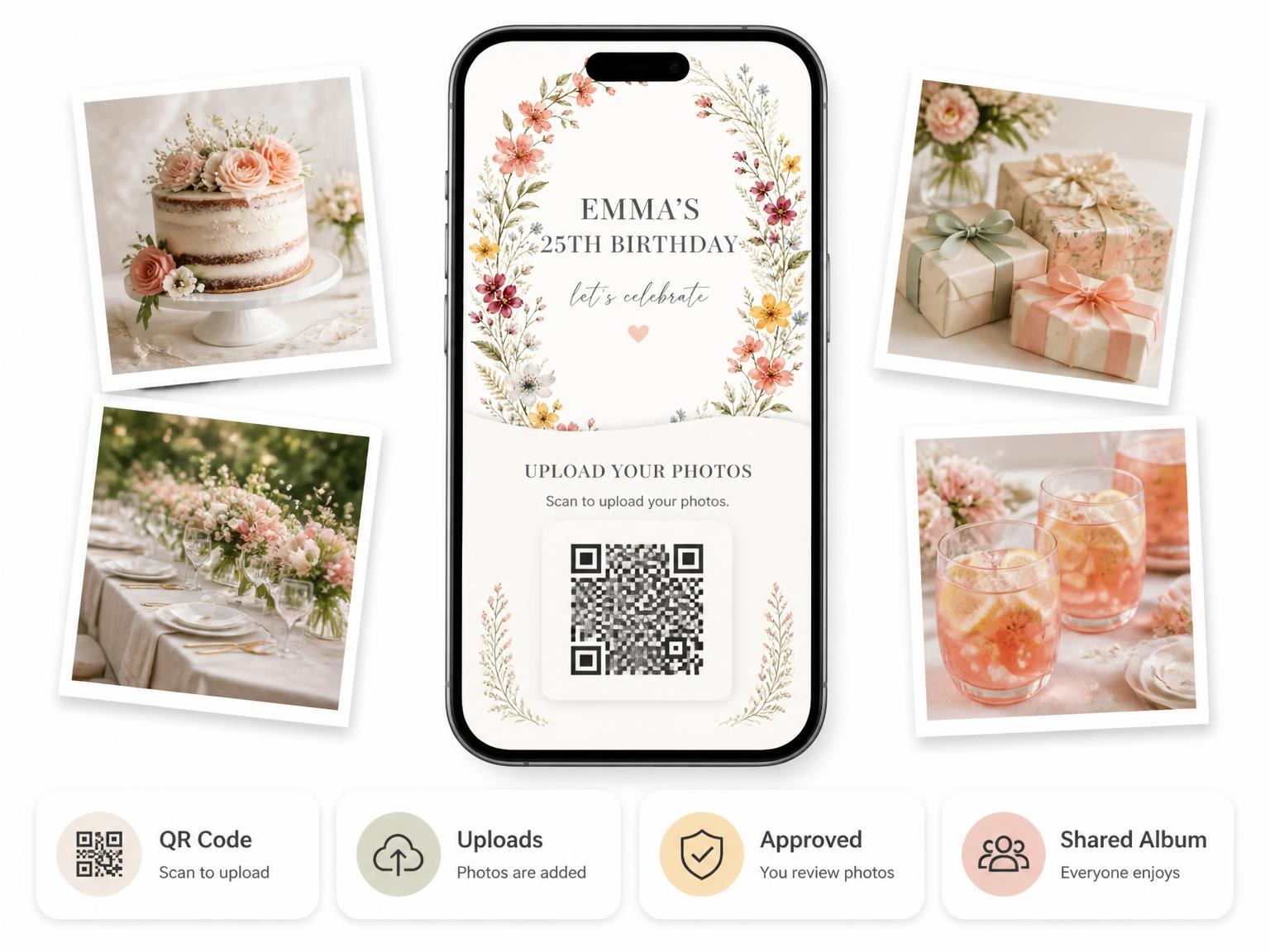 The shared photo gallery that comes with the Oval Wreath Golden 25th Birthday Invitation invitation