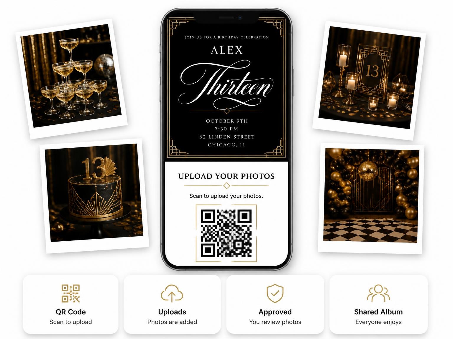 The shared photo gallery that comes with the Art Deco 13th Birthday Invitation invitation