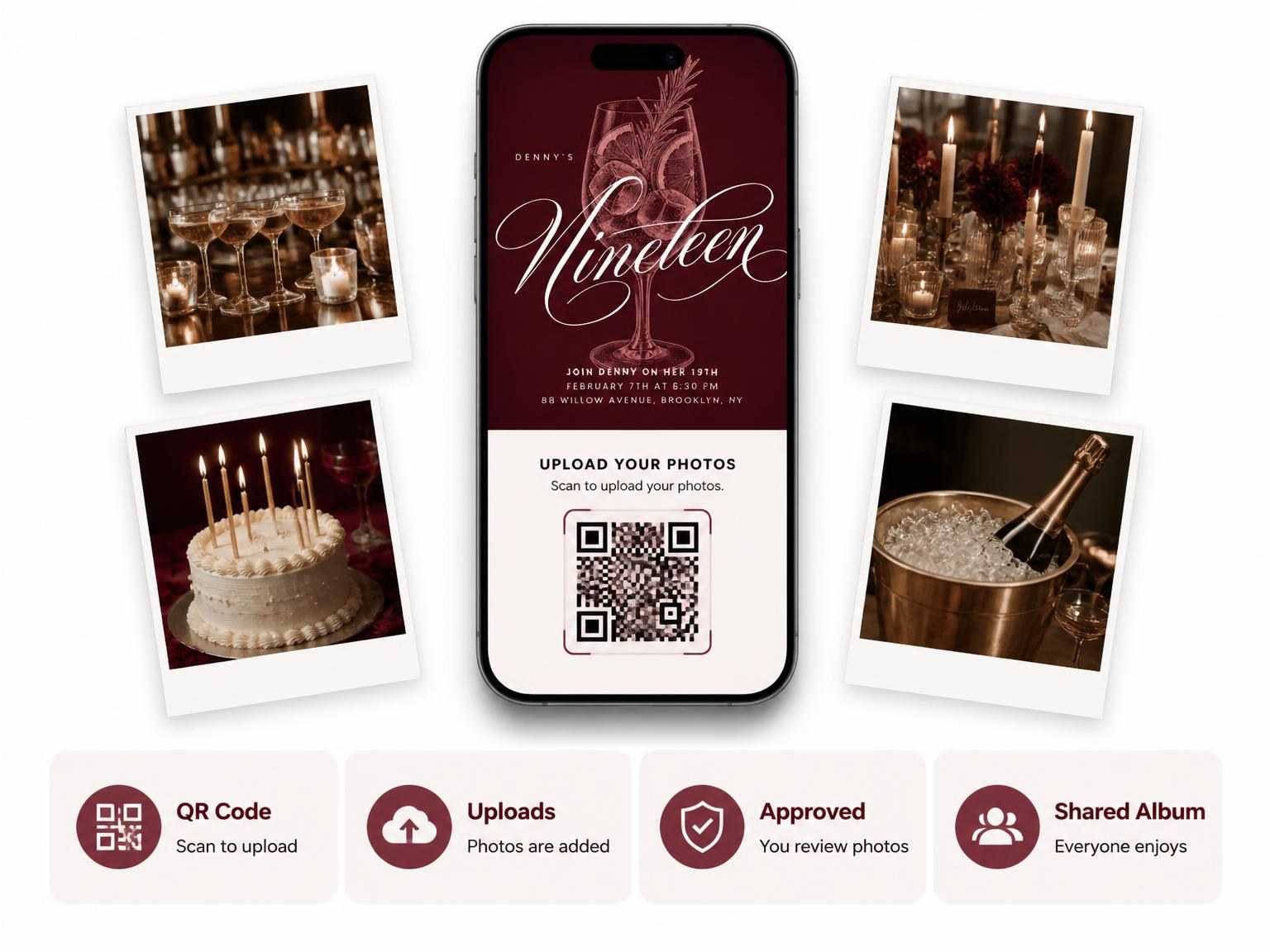 The shared photo gallery that comes with the Burgundy Cocktail 19th Birthday Invitation invitation