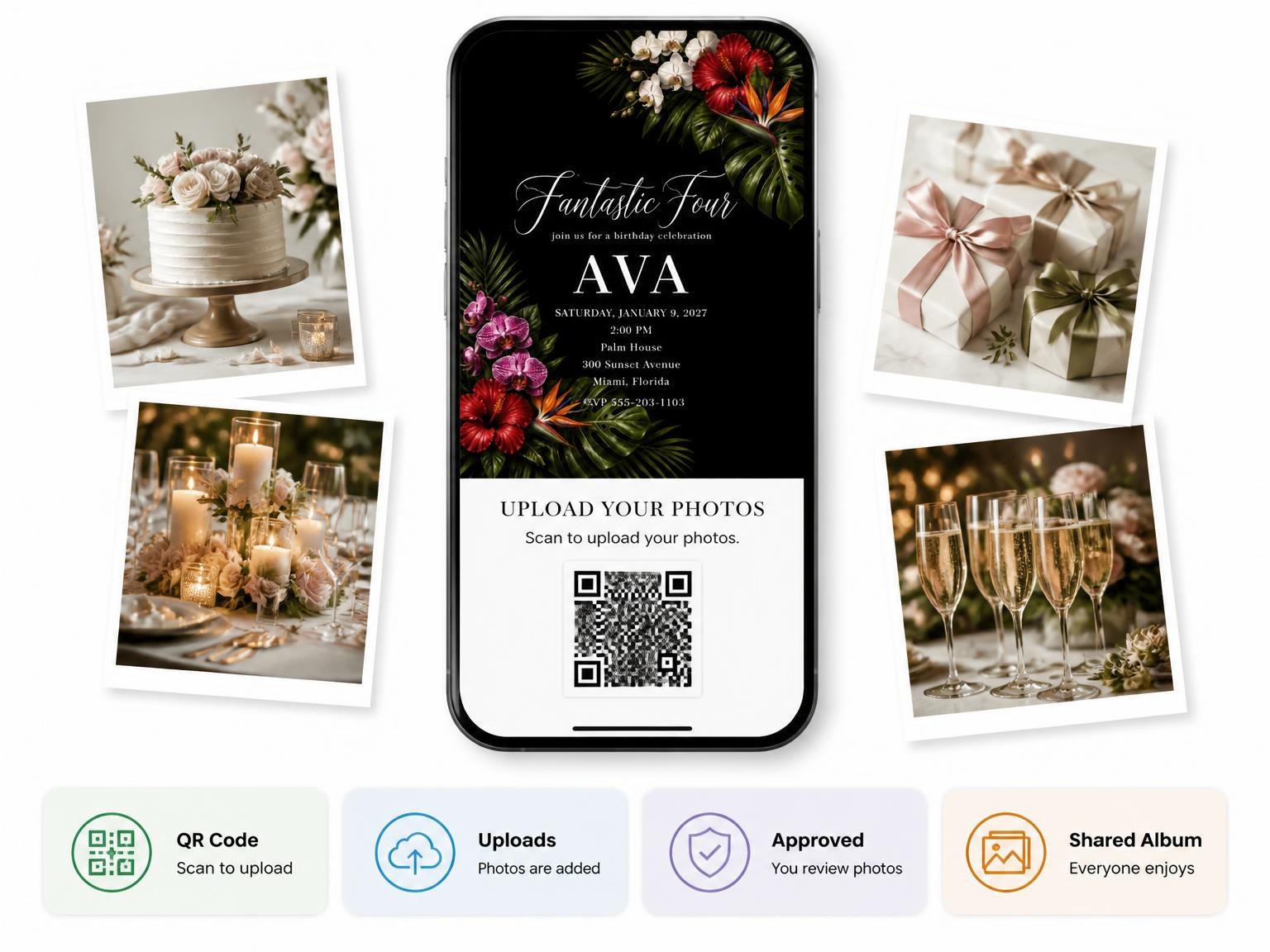 The shared photo gallery that comes with the Black Floral 4th Birthday Invitation invitation