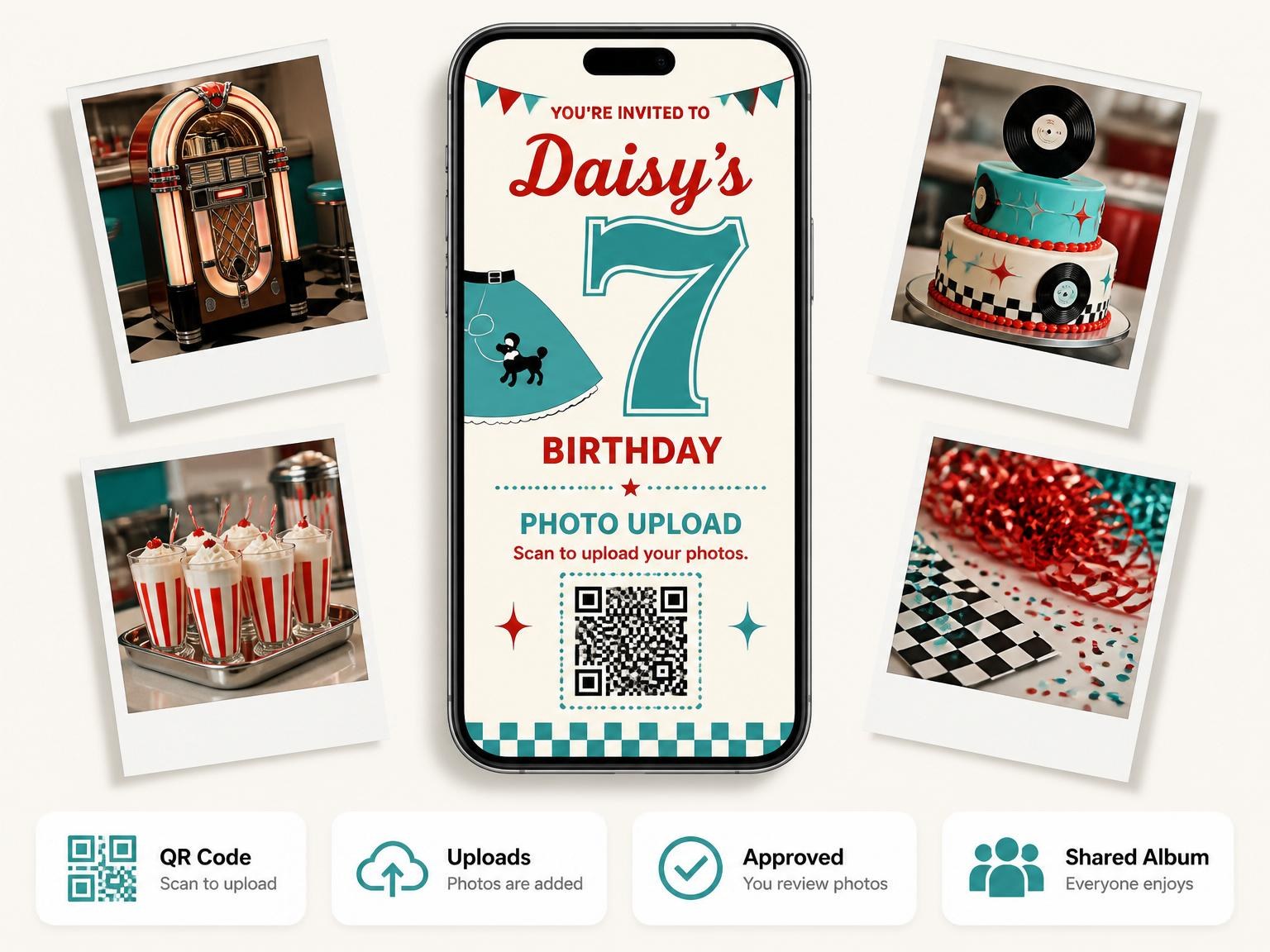 The shared photo gallery that comes with the Retro Poodle Skirt 7th Birthday invitation