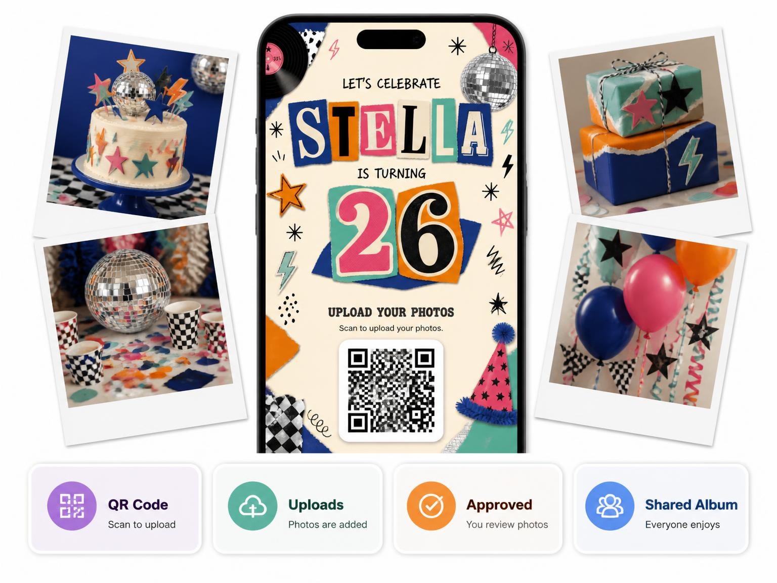 The shared photo gallery that comes with the Retro Paper Collage 26th Birthday Invitation invitation