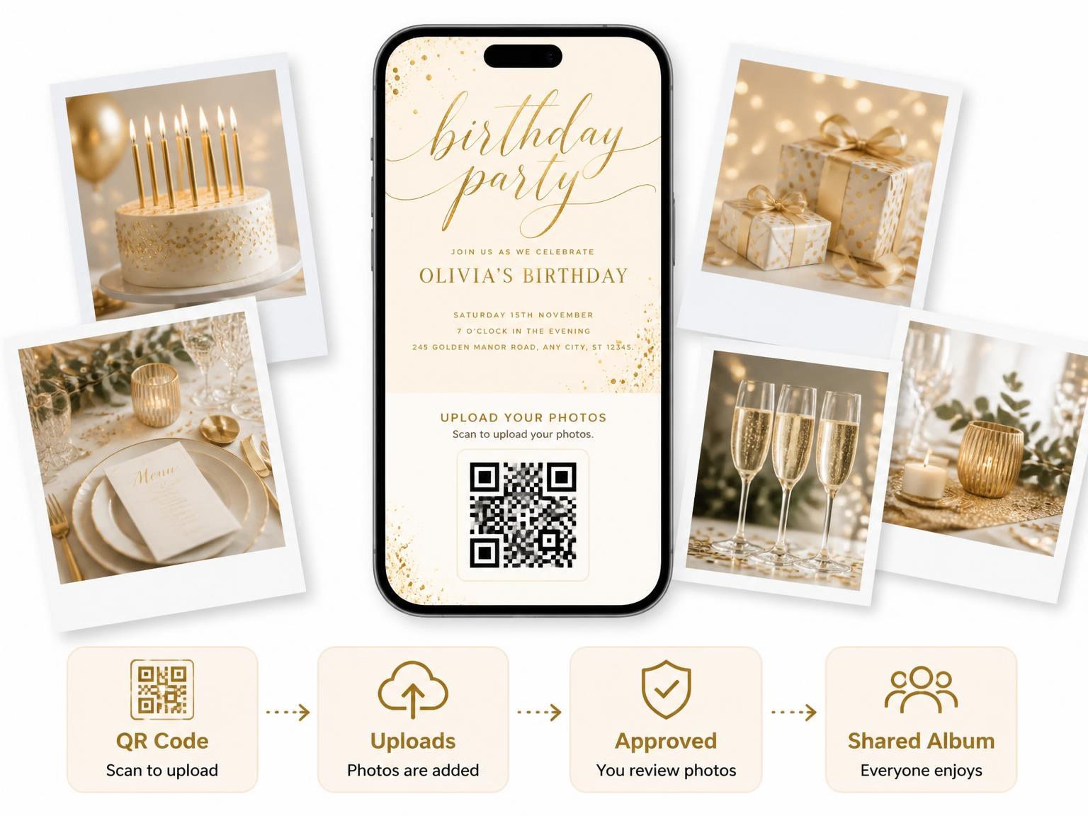 The shared photo gallery that comes with the Champagne and Gold Birthday Invitation invitation