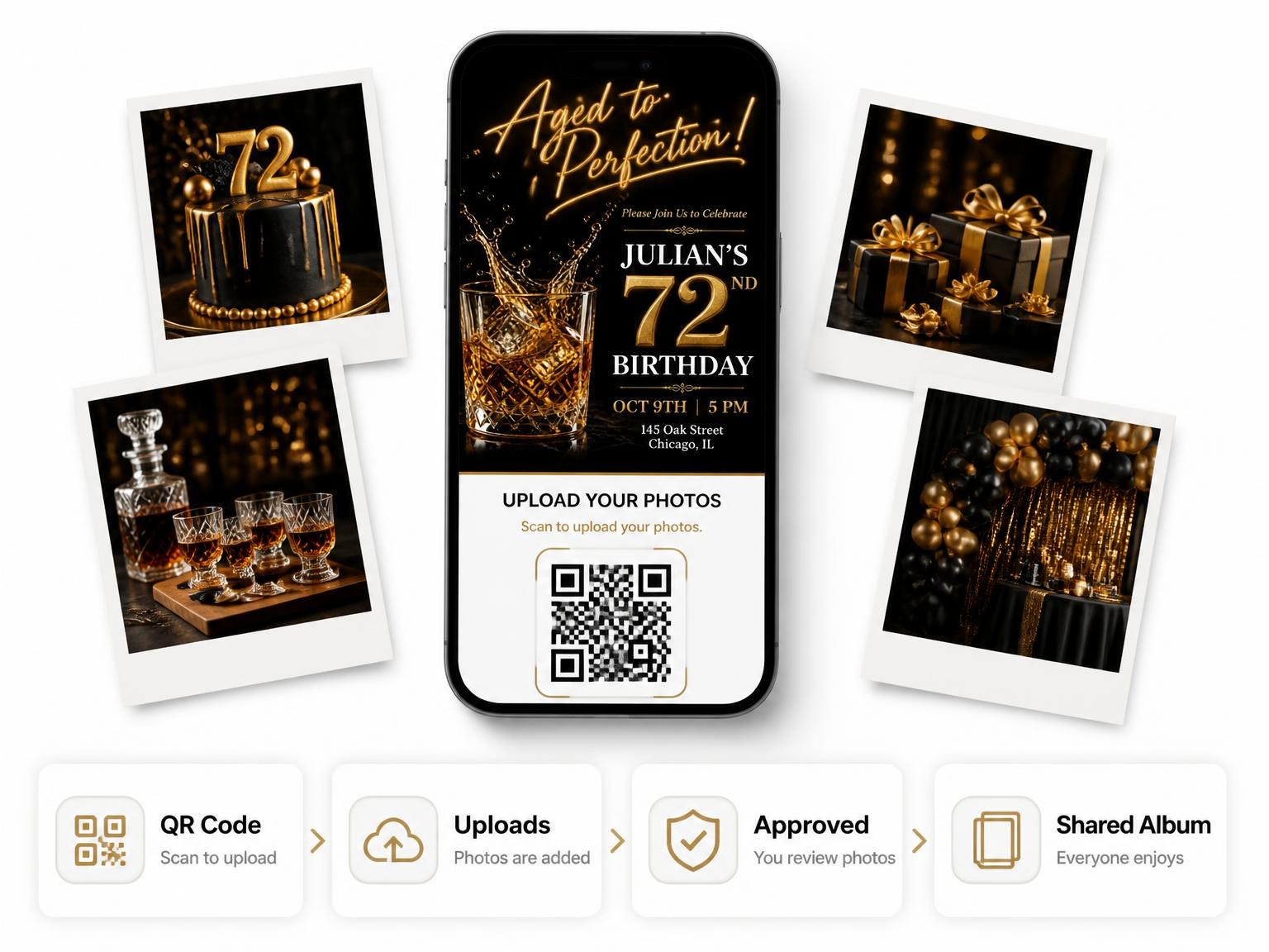 The shared photo gallery that comes with the Whiskey Glass 72nd Birthday Invitation invitation