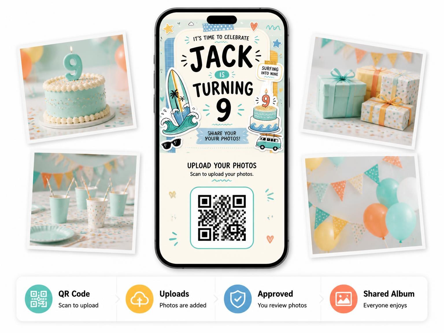 The shared photo gallery that comes with the Surfboard Pastel 9th Birthday Invitation invitation