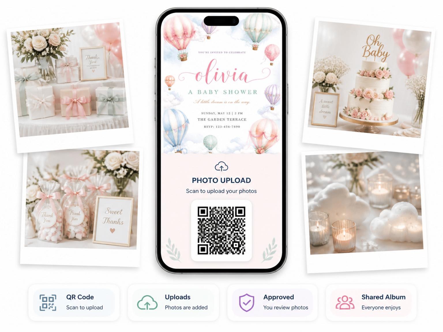 The shared photo gallery that comes with the Pastel Watercolor Hot Air Balloon Baby Shower invitation
