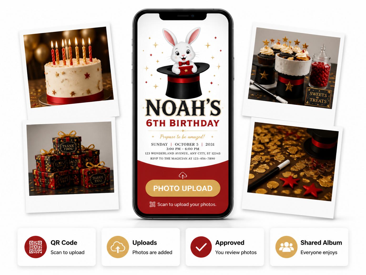 The shared photo gallery that comes with the Magical Rabbit Top Hat 6th Birthday invitation