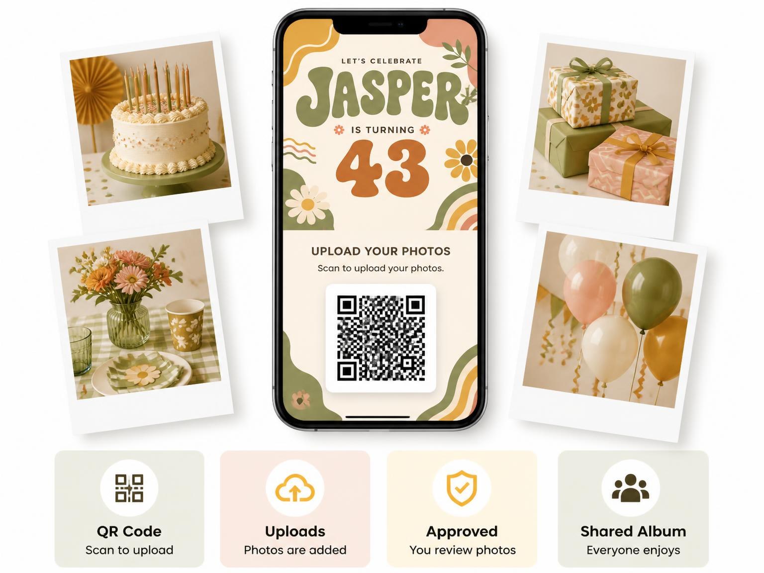 The shared photo gallery that comes with the Groovy Retro 43rd Birthday Invitation invitation