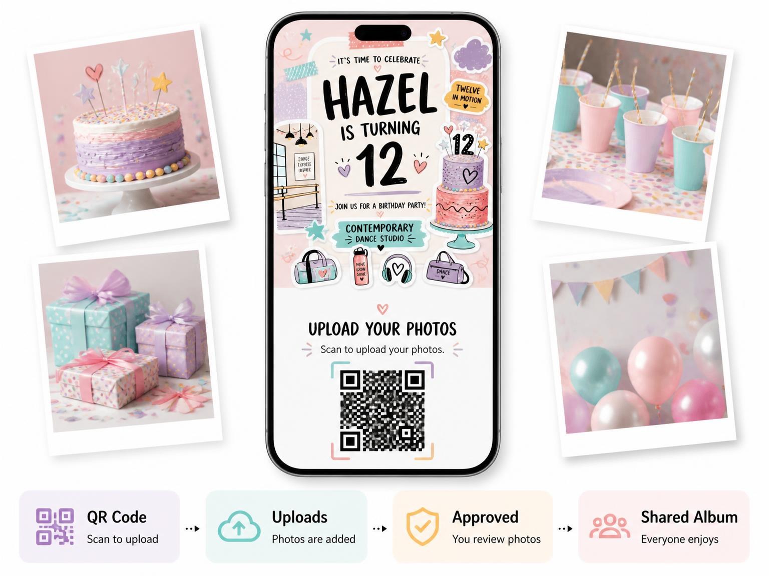 The shared photo gallery that comes with the Pastel Dance Studio 12th Birthday Invitation invitation