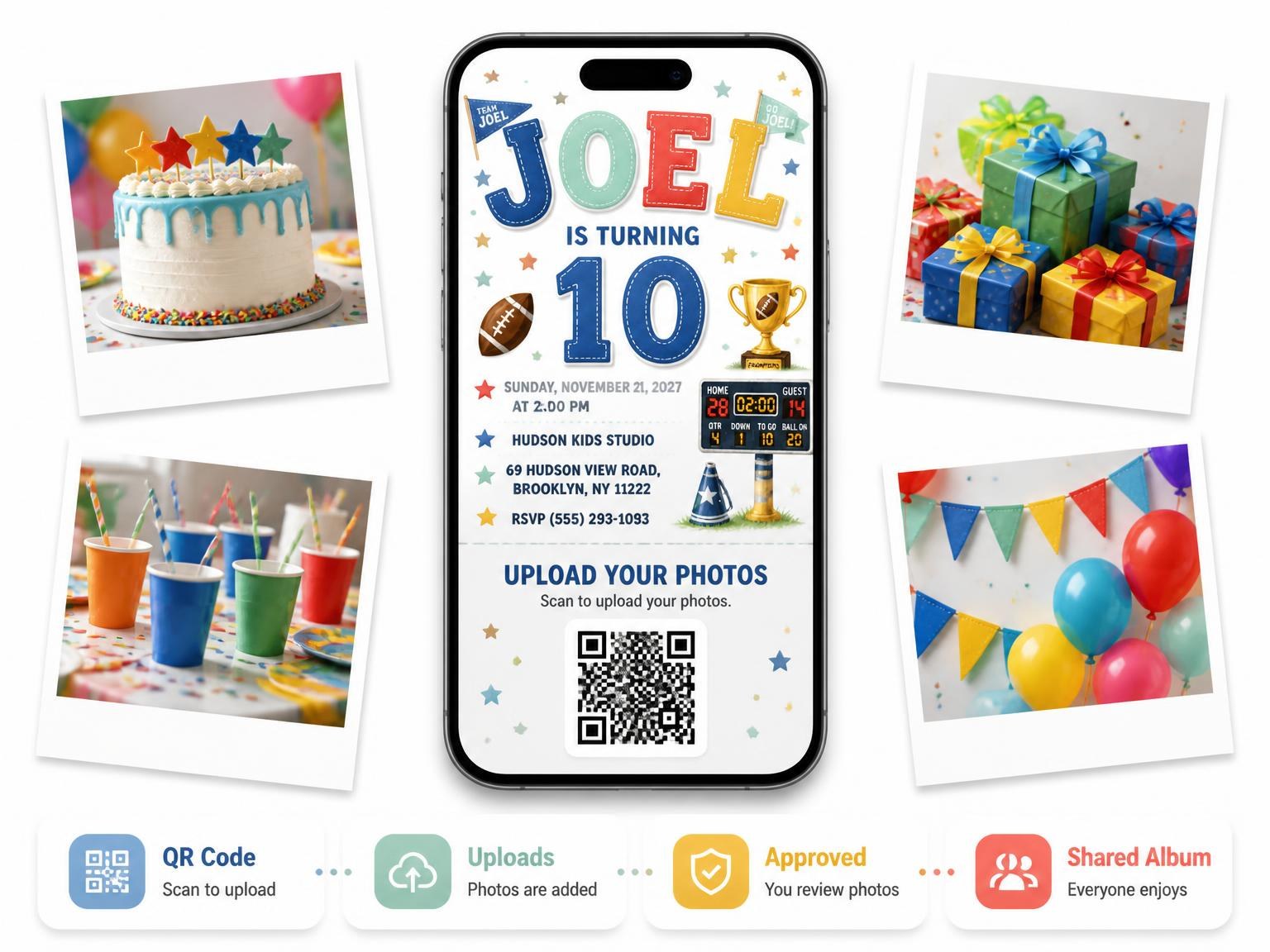 The shared photo gallery that comes with the Post Scoreboard 10th Birthday Invitation invitation