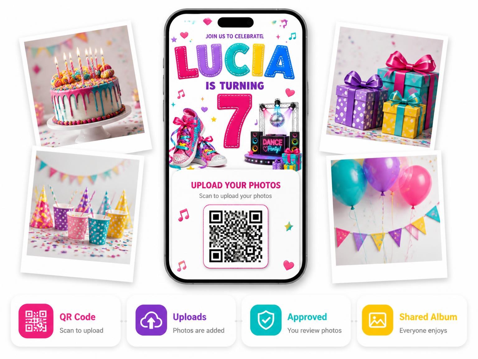The shared photo gallery that comes with the Stage Setup Stitched 7th Birthday Invitation invitation