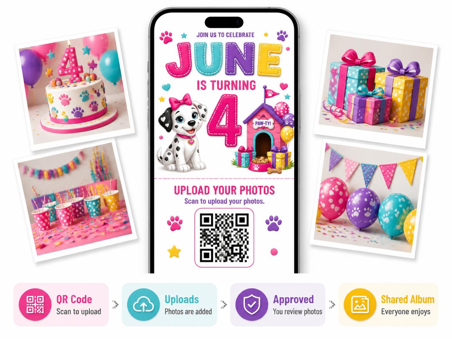 The shared photo gallery that comes with the Dog 4th Birthday Invitation invitation