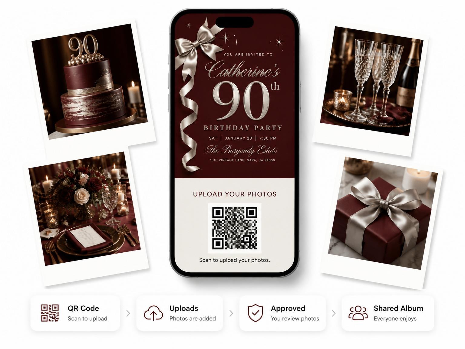 The shared photo gallery that comes with the Burgundy Silver Ribbon 90th Birthday invitation