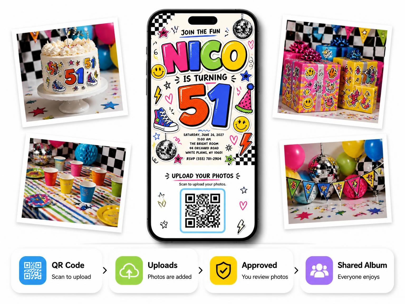 The shared photo gallery that comes with the Sticker Pop 51st Birthday Invitation invitation