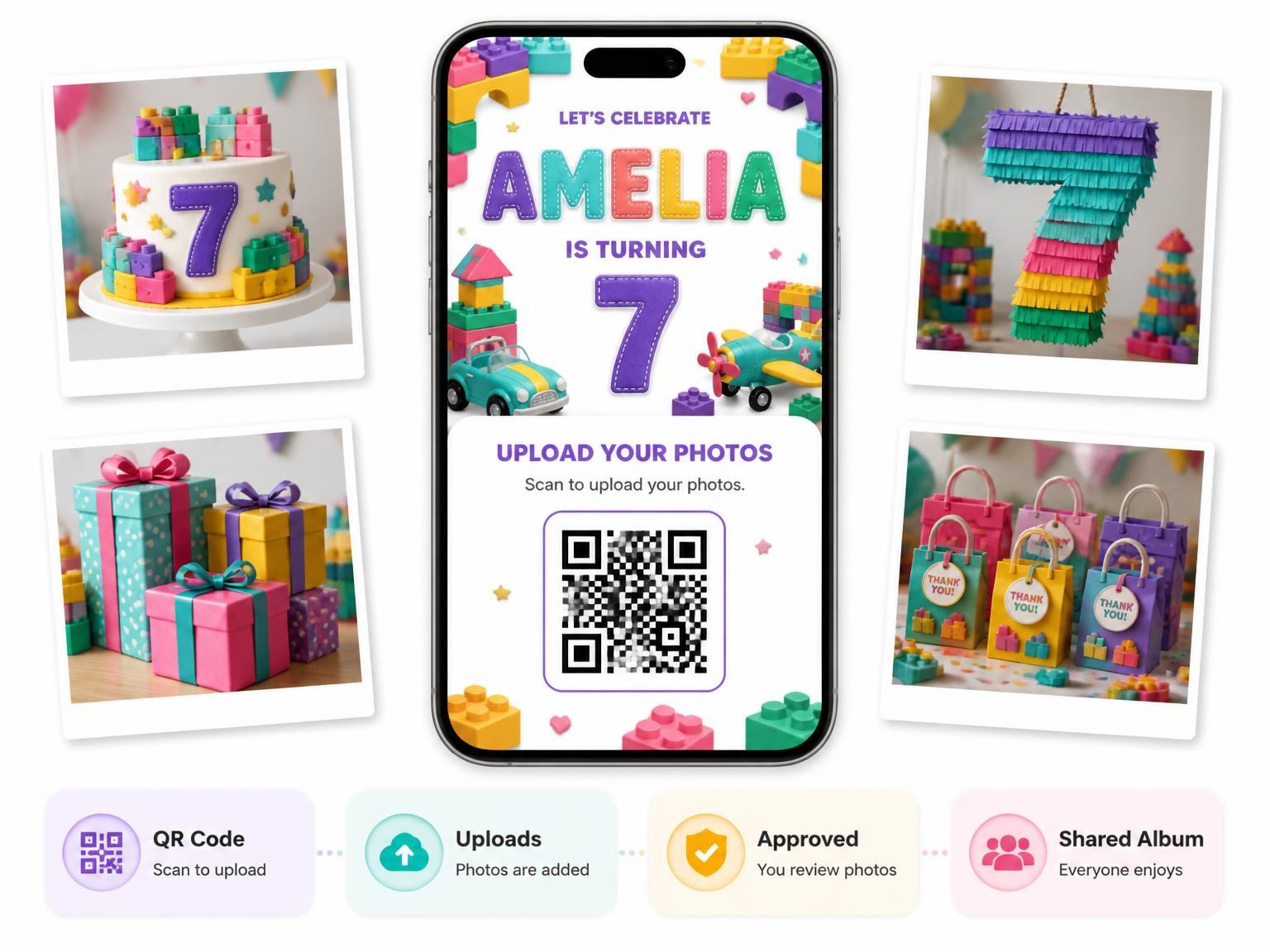 The shared photo gallery that comes with the Pink 7th Birthday Invitation invitation