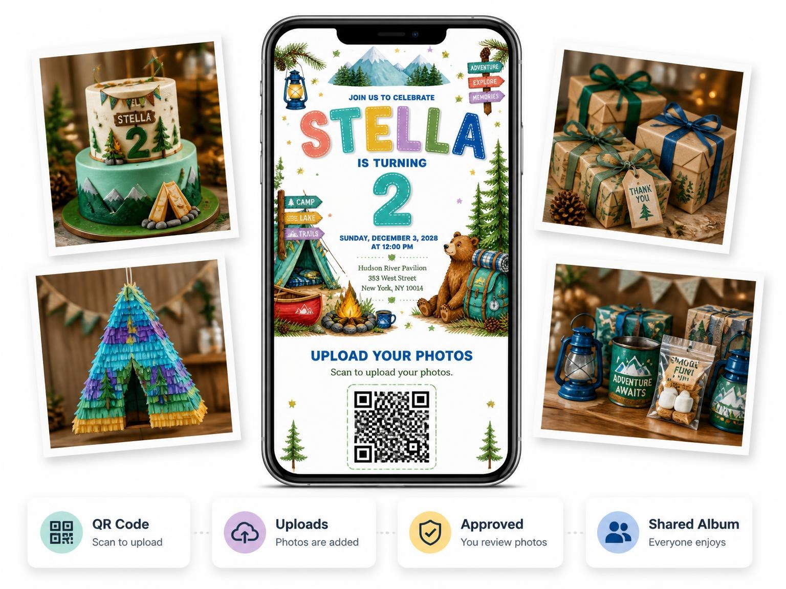 The shared photo gallery that comes with the Stitched Camping 2nd Birthday Invitation invitation