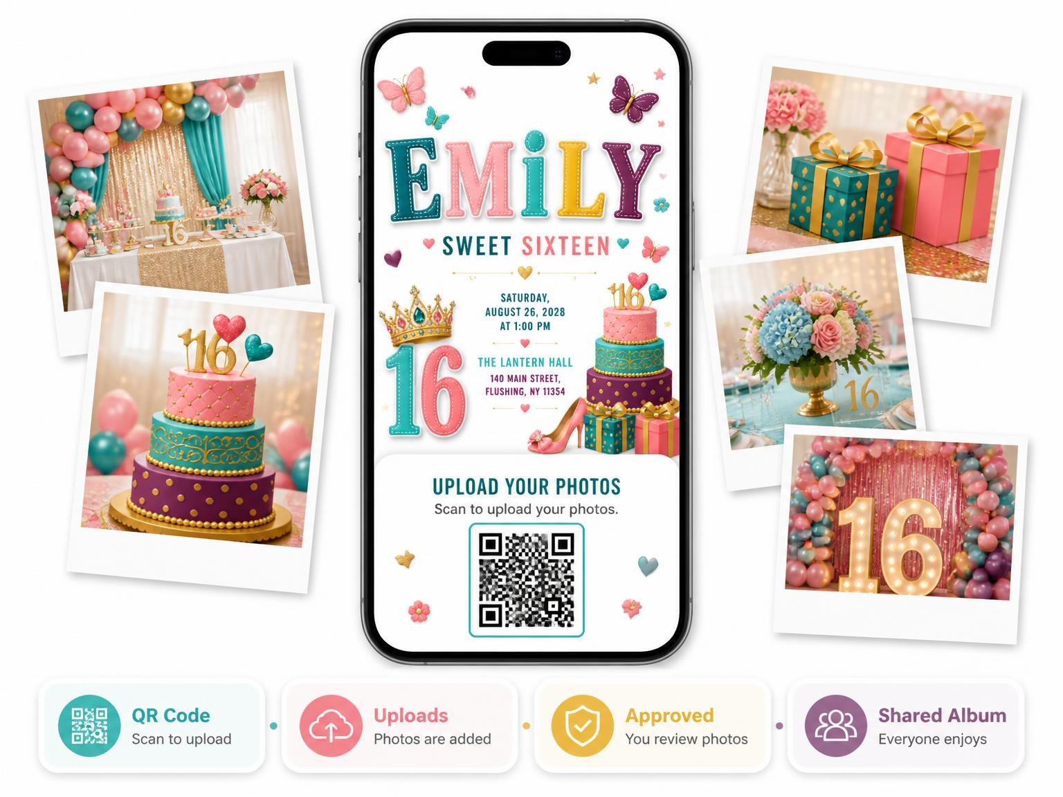 The shared photo gallery that comes with the Gold Crown Sweet Sixteen Invitation invitation
