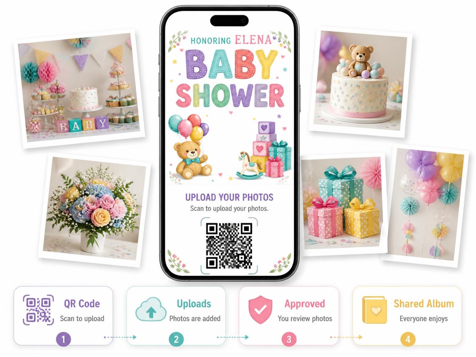The shared photo gallery that comes with the Teal Teddy Bear Baby Shower Invitation invitation