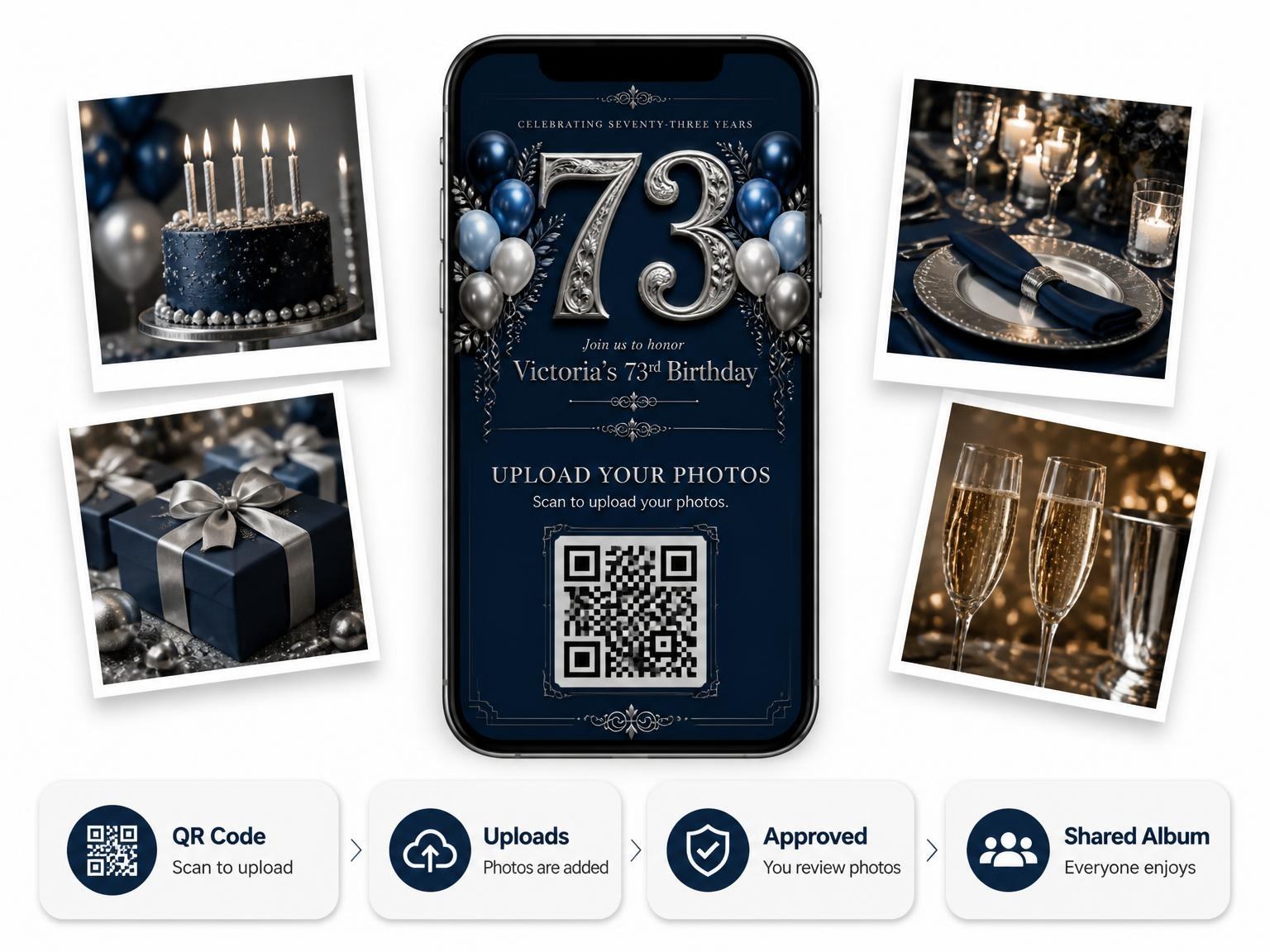 The shared photo gallery that comes with the Navy and Silver 73rd Birthday Invitation invitation