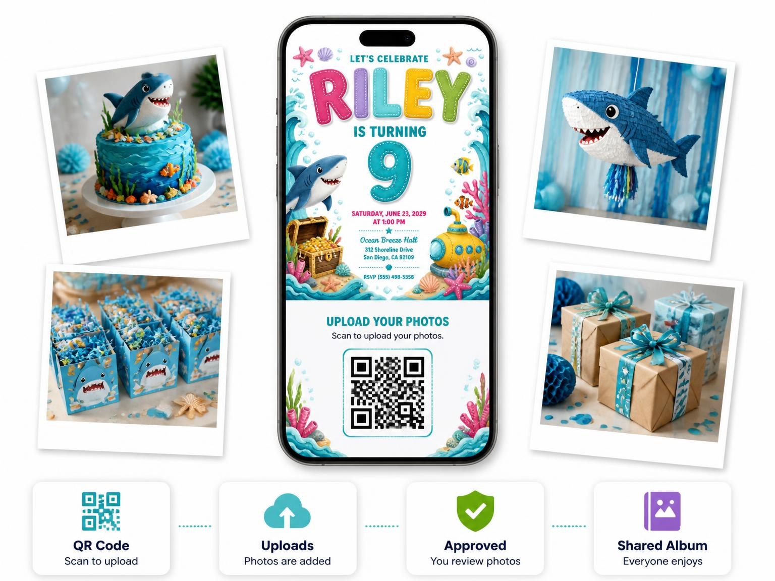 The shared photo gallery that comes with the Stitched Shark 9th Birthday Invitation invitation