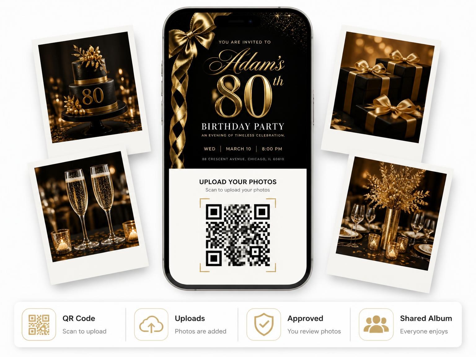 The shared photo gallery that comes with the Black and Gold Ribbon 80th Birthday invitation
