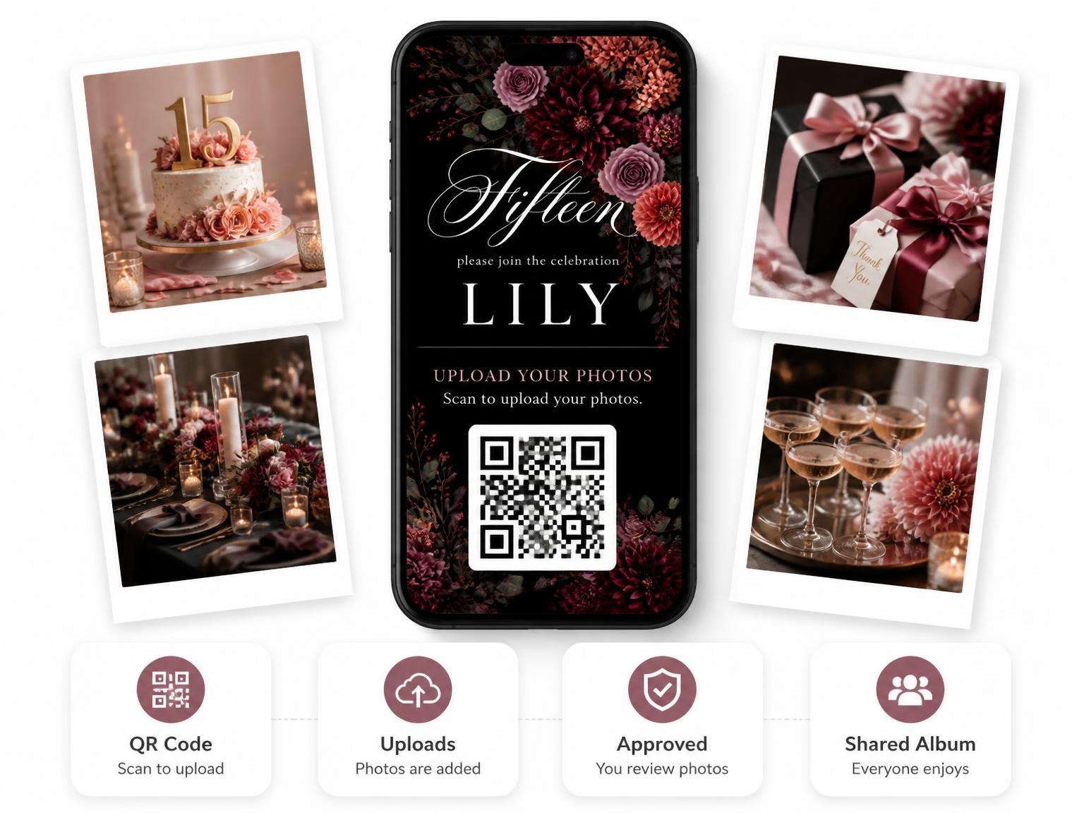 The shared photo gallery that comes with the Black Floral 15th Birthday Invitation invitation
