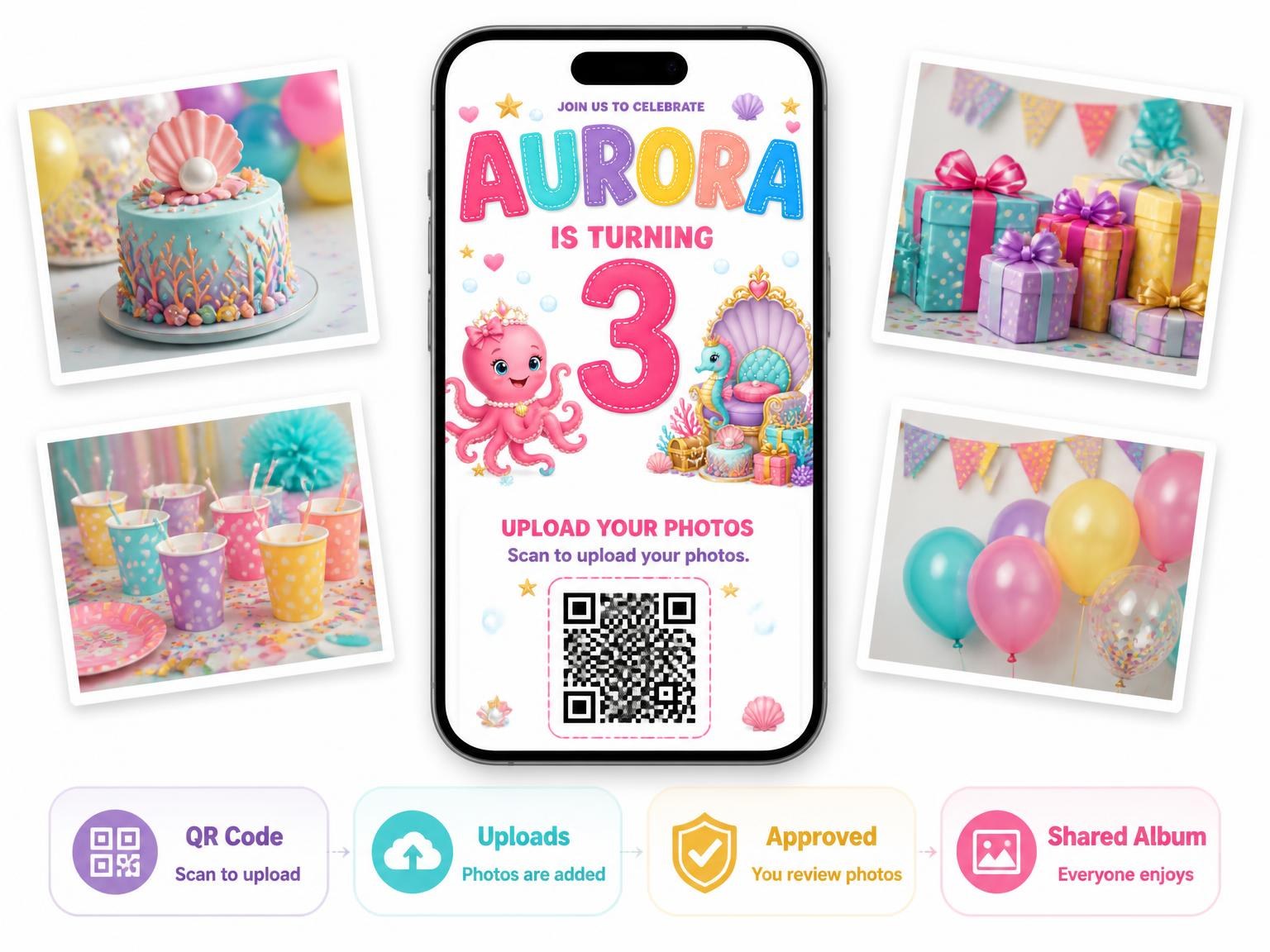 The shared photo gallery that comes with the Princess Octopus 3rd Birthday Invitation invitation