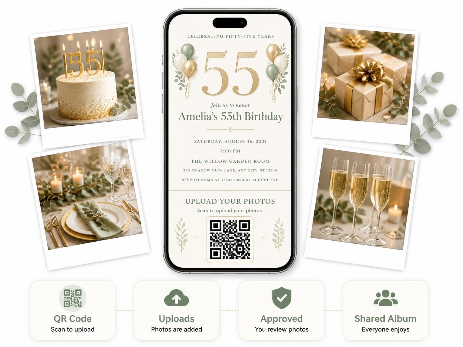 The shared photo gallery that comes with the Sage and Ivory 55th Birthday Invitation invitation