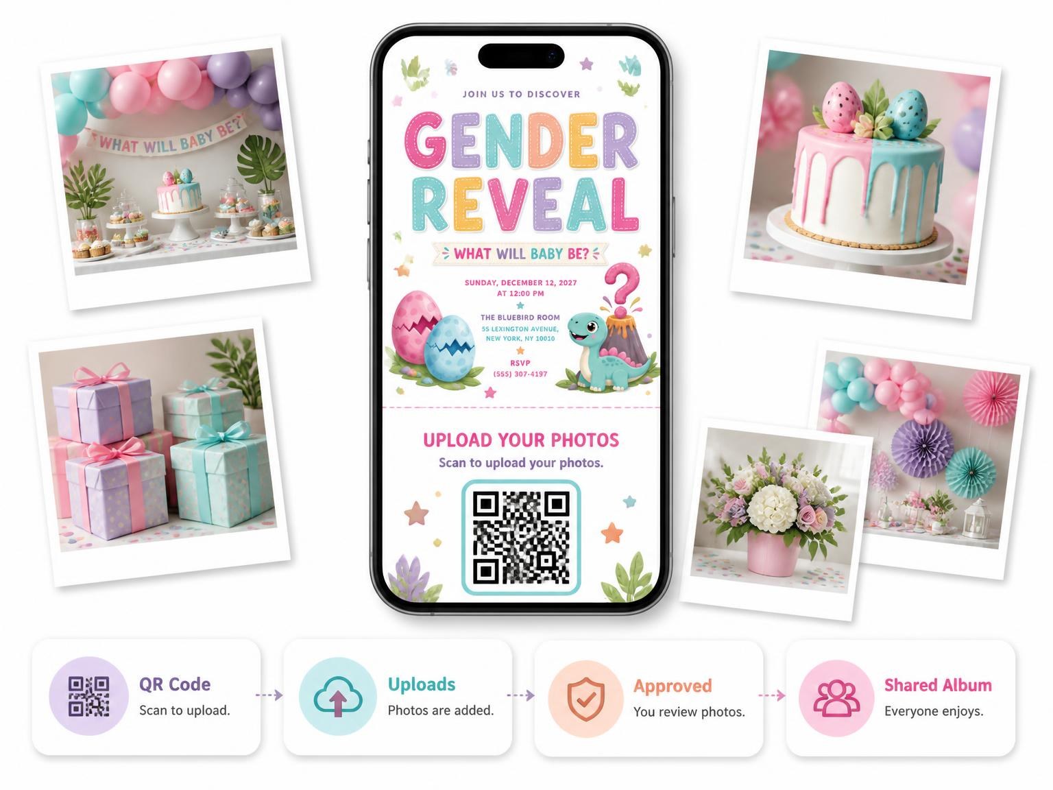 The shared photo gallery that comes with the Cracked Dinosaur Gender Reveal Invitation invitation
