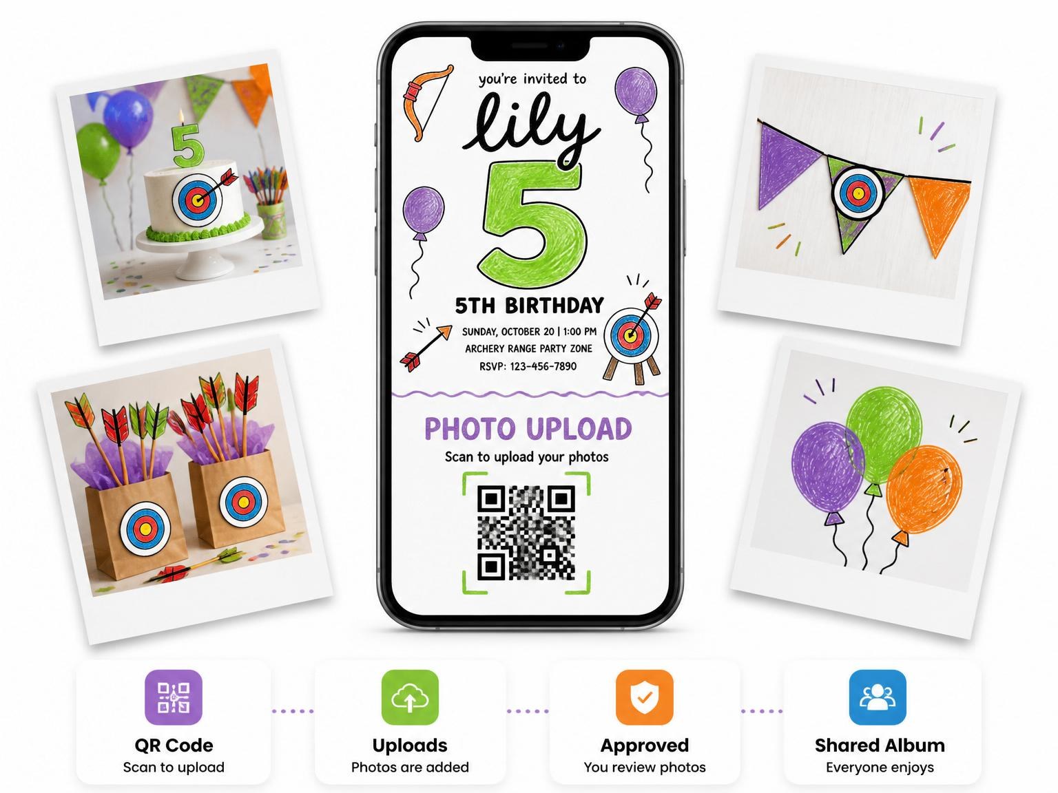 The shared photo gallery that comes with the Crayon Sketch Archery 5th Birthday invitation