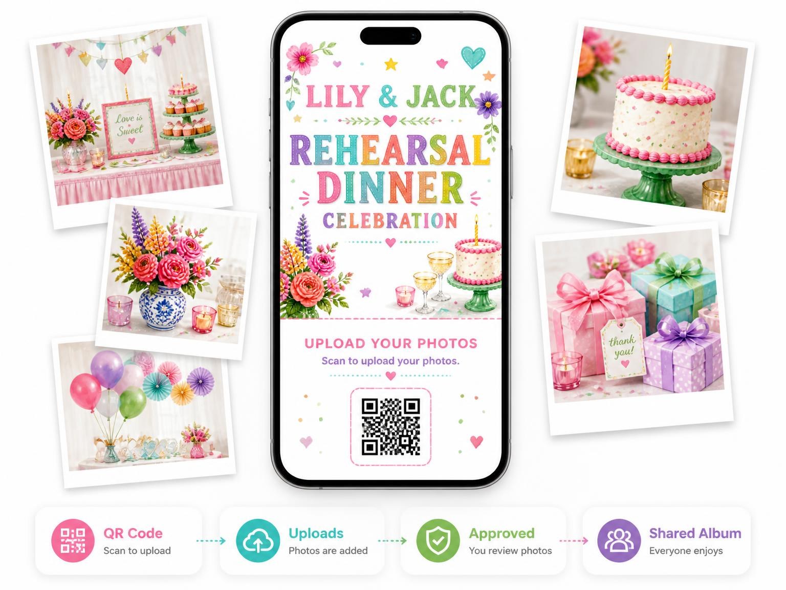 The shared photo gallery that comes with the Floral Rehearsal Dinner Invitation invitation