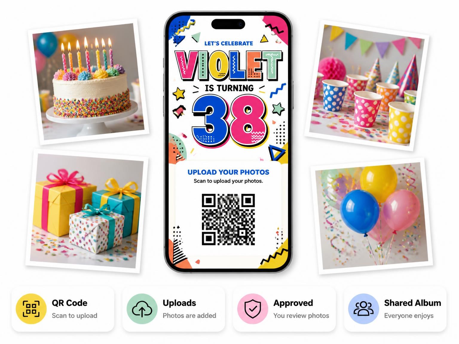 The shared photo gallery that comes with the Memphis Pop 38th Birthday Invitation invitation