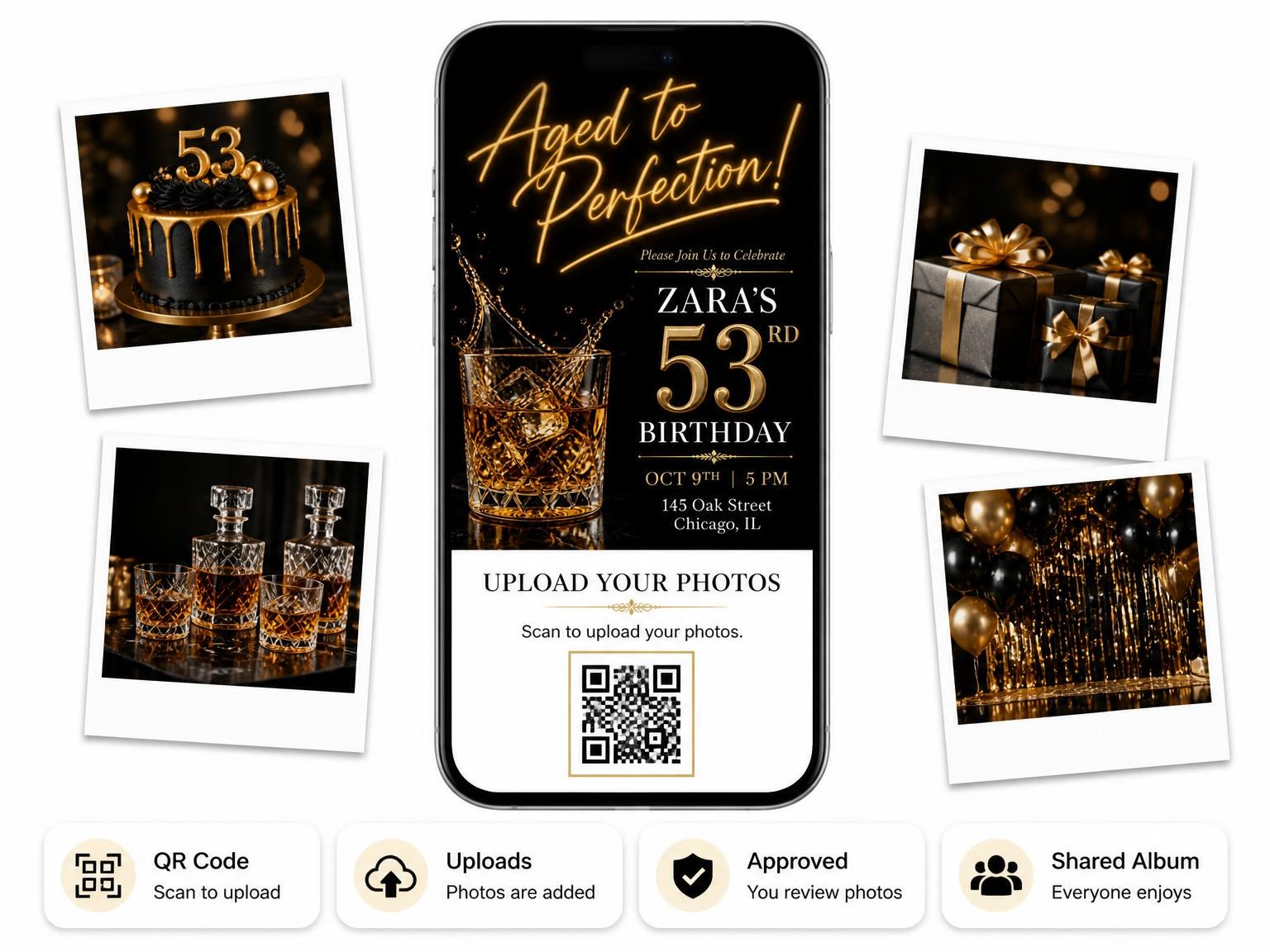 The shared photo gallery that comes with the Whiskey Glass 53rd Birthday Invitation invitation