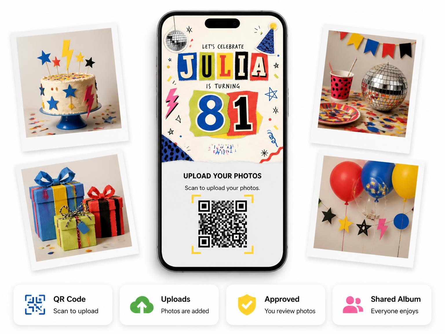 The shared photo gallery that comes with the Retro Paper Collage 81st Birthday Invitation invitation