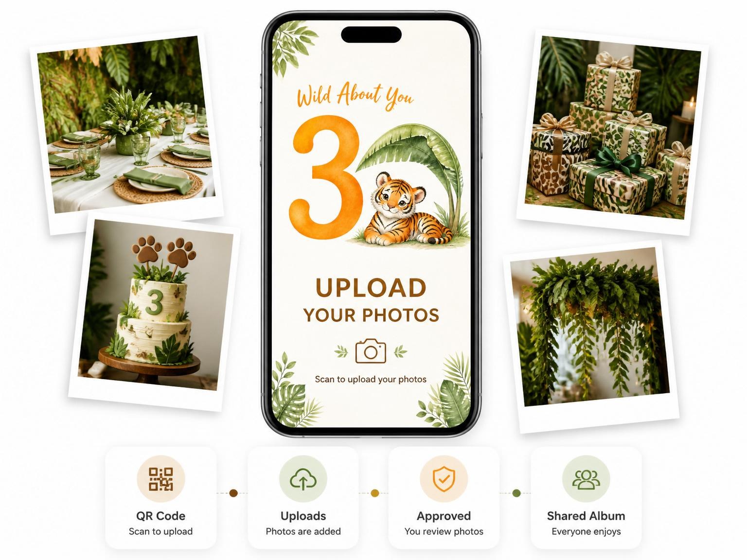 The shared photo gallery that comes with the Watercolor Tiger Jungle 3rd Birthday invitation