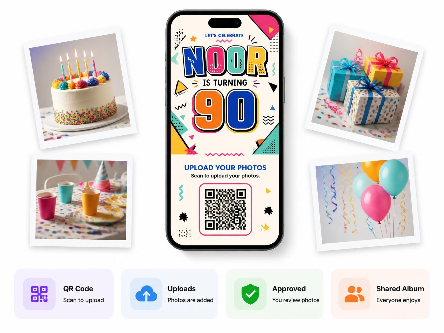 The shared photo gallery that comes with the Memphis Pop 90th Birthday Invitation invitation