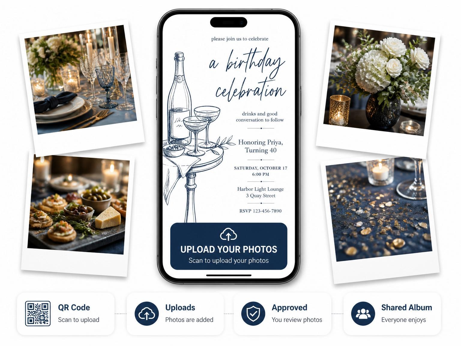 The shared photo gallery that comes with the Navy Ink Champagne 40th Birthday Illustration invitation