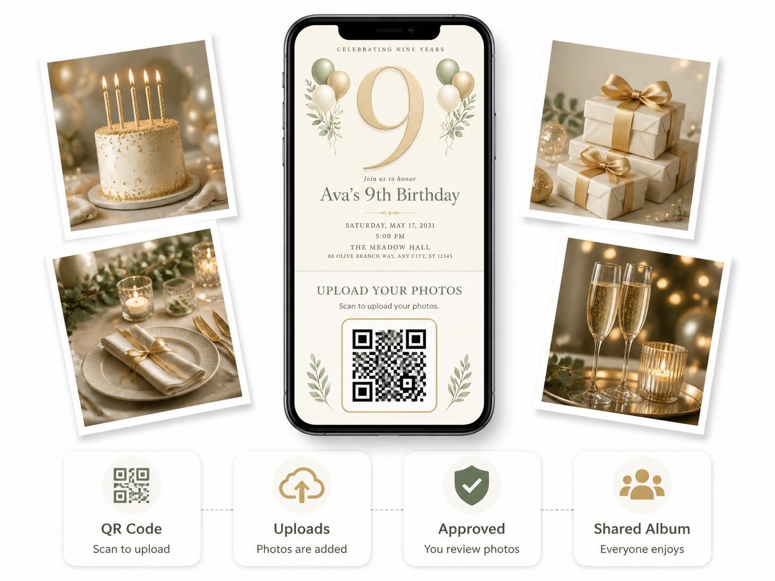 The shared photo gallery that comes with the Sage and Ivory 9th Birthday Invitation invitation