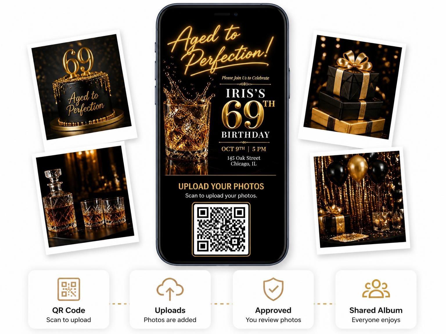 The shared photo gallery that comes with the Whiskey Glass 69th Birthday Invitation invitation