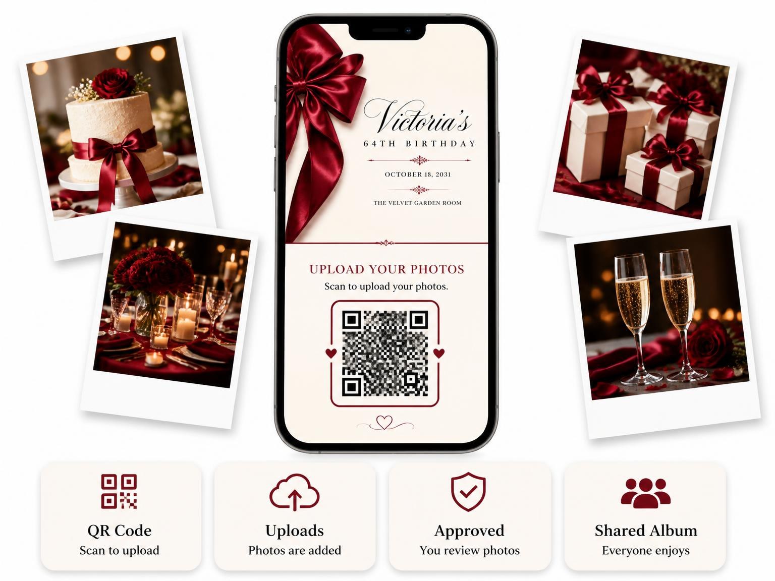 The shared photo gallery that comes with the Burgundy Satin Bow 64th Birthday Invitation invitation